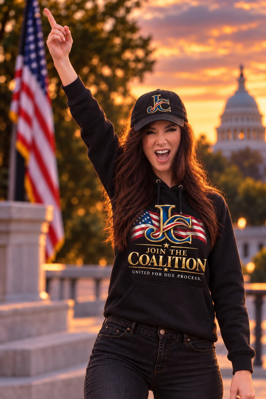 Meg in a black Join the Coalition hoodie. Shop the clothes.