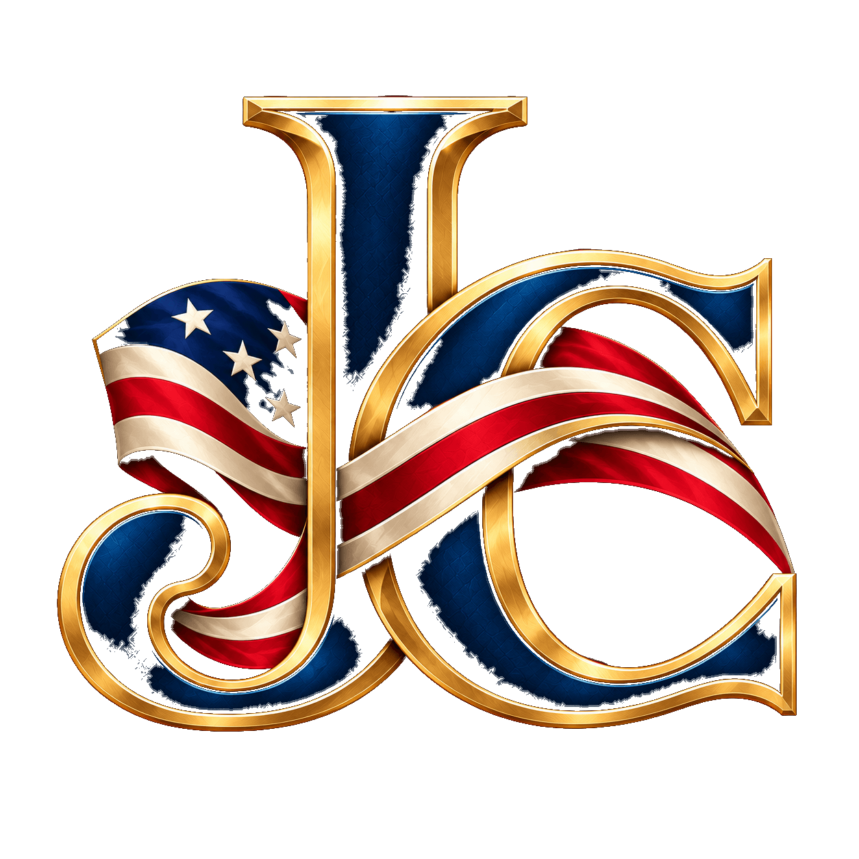 Gold and navy JC monogram wrapped in an American flag ribbon