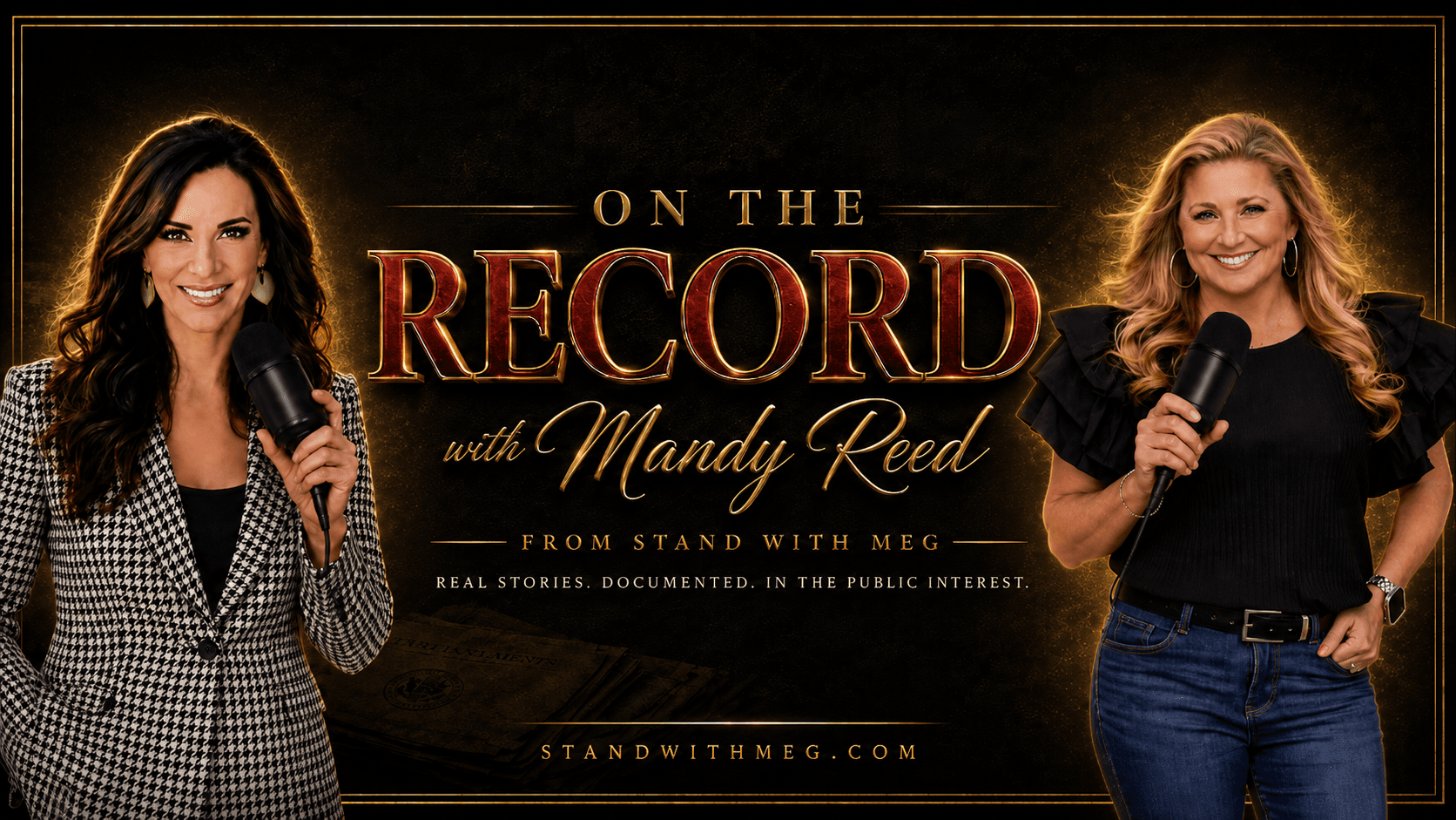 On the Record with Mandy Reed artwork featuring Meg and Mandy with microphones