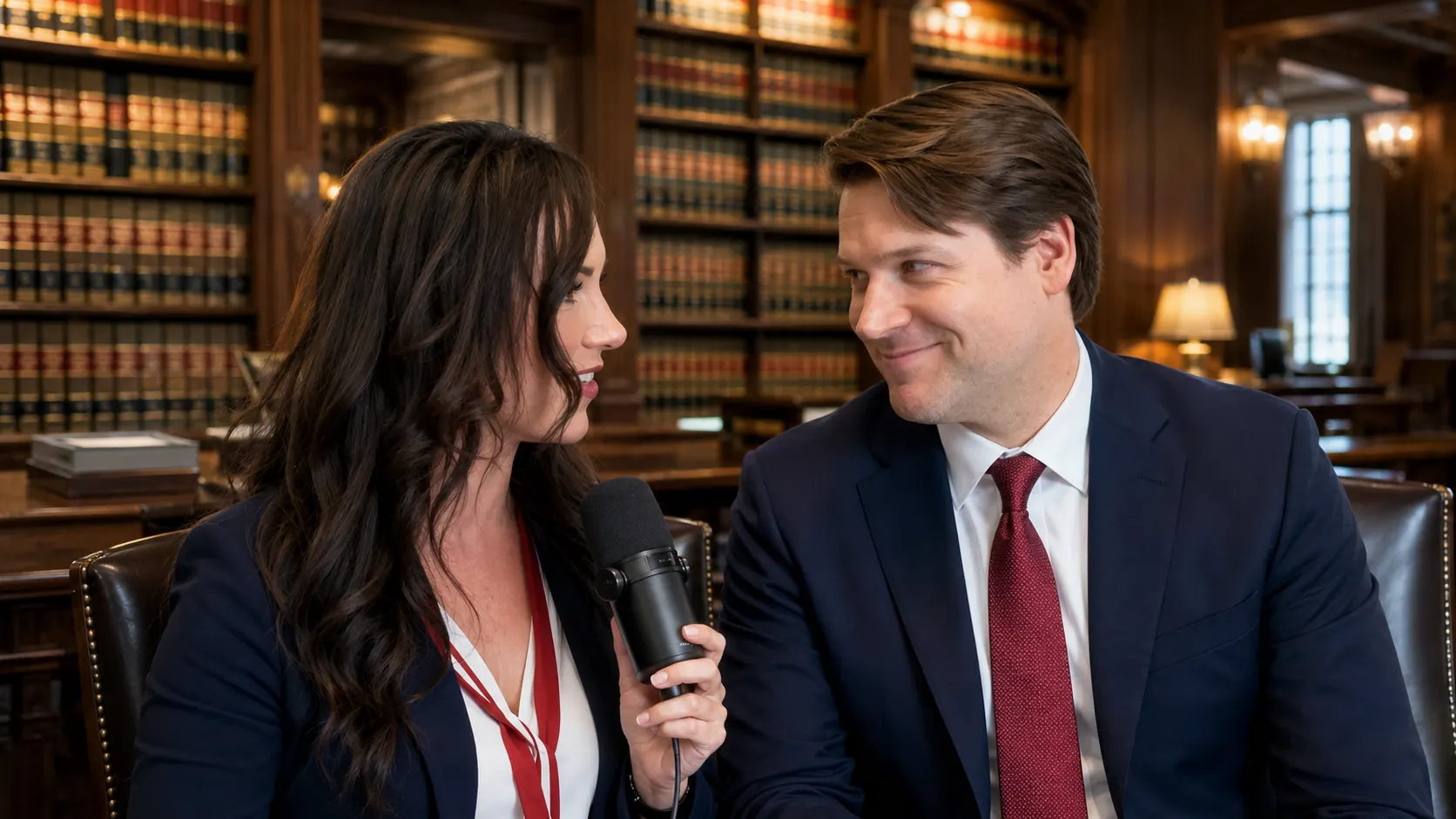 Shawn Lee and Meg smiling at each other on set