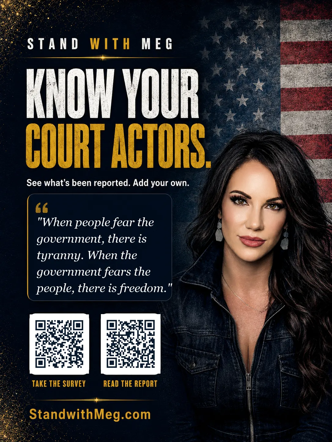 Know Your Court Actors, Stand With Meg campaign poster with survey and report QR codes