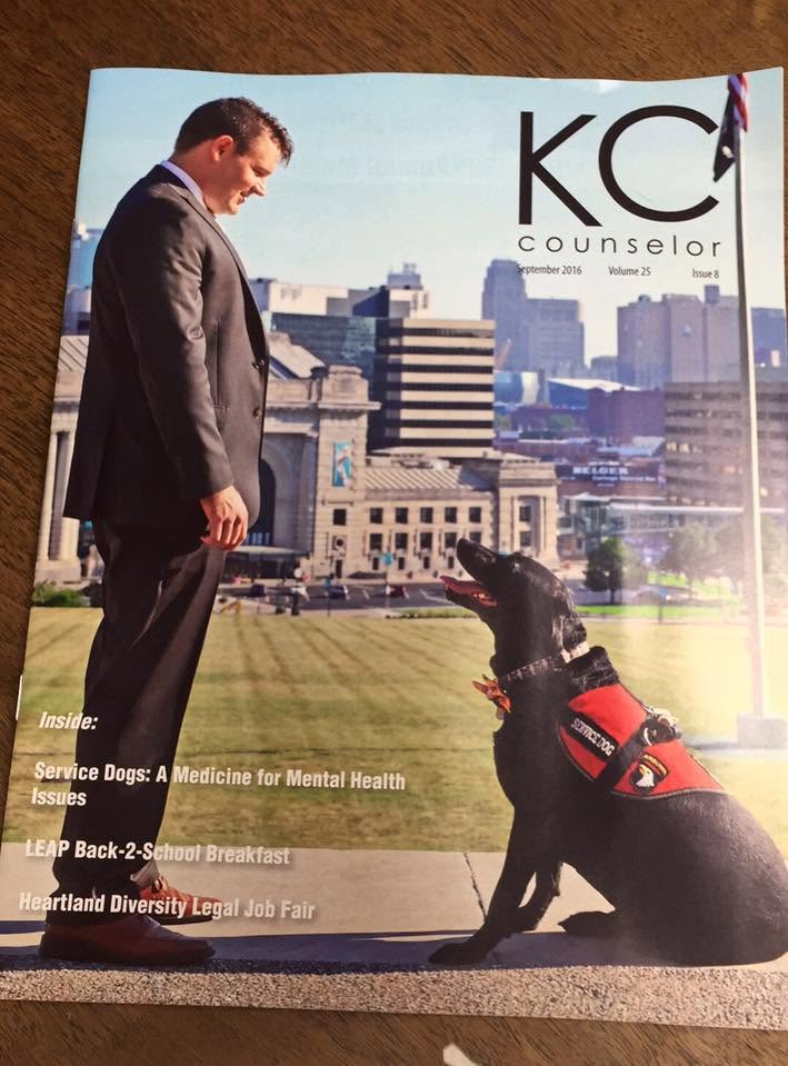 September 2016 KC Counselor magazine cover featuring Shawn Lee with a service dog and Kansas City skyline